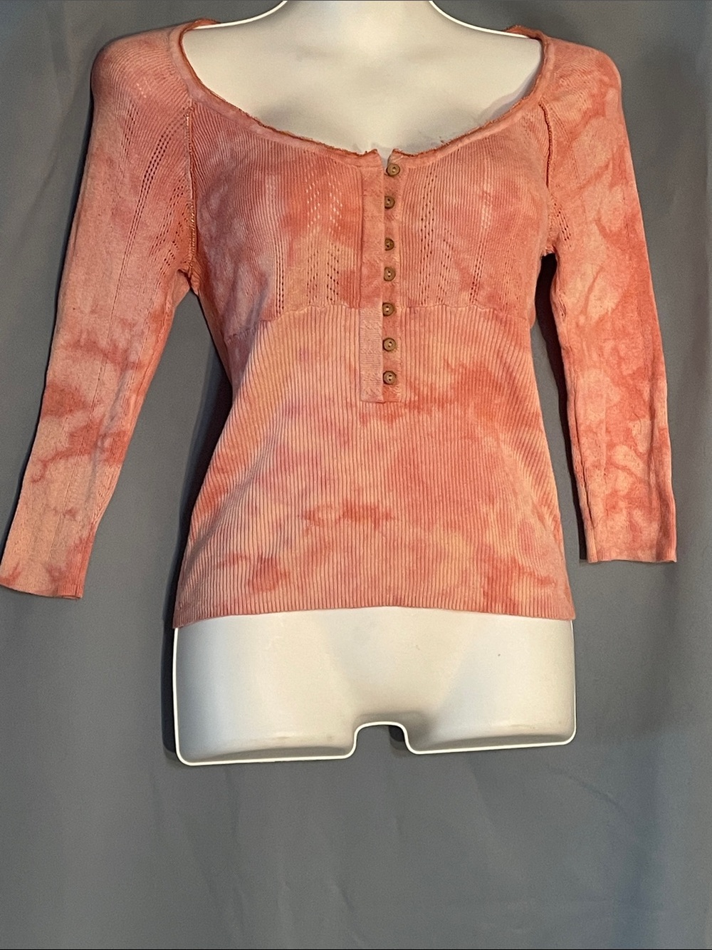 Free People Peach Tie-Dye Ribbed Henley Long Sleeve Top